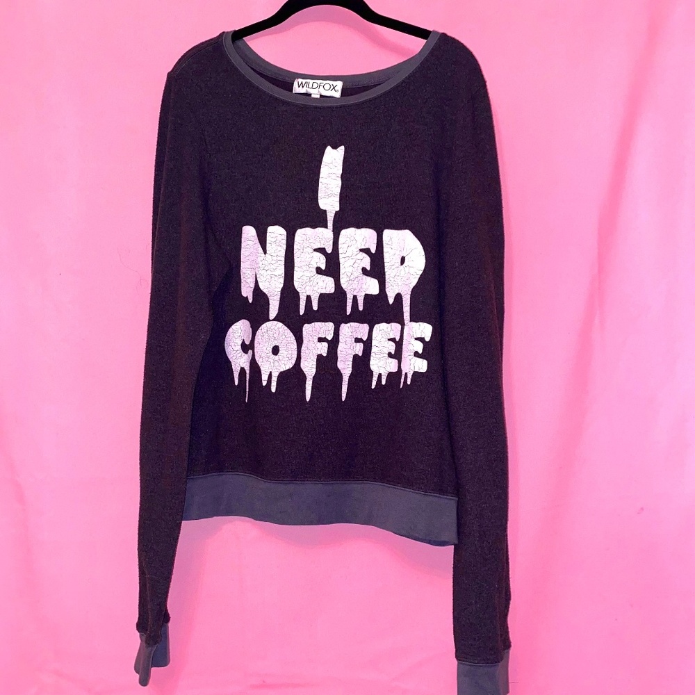Wildfox Couture I Need Coffee Sweatshirt Cozy Beach Medium Grey Black Halloween